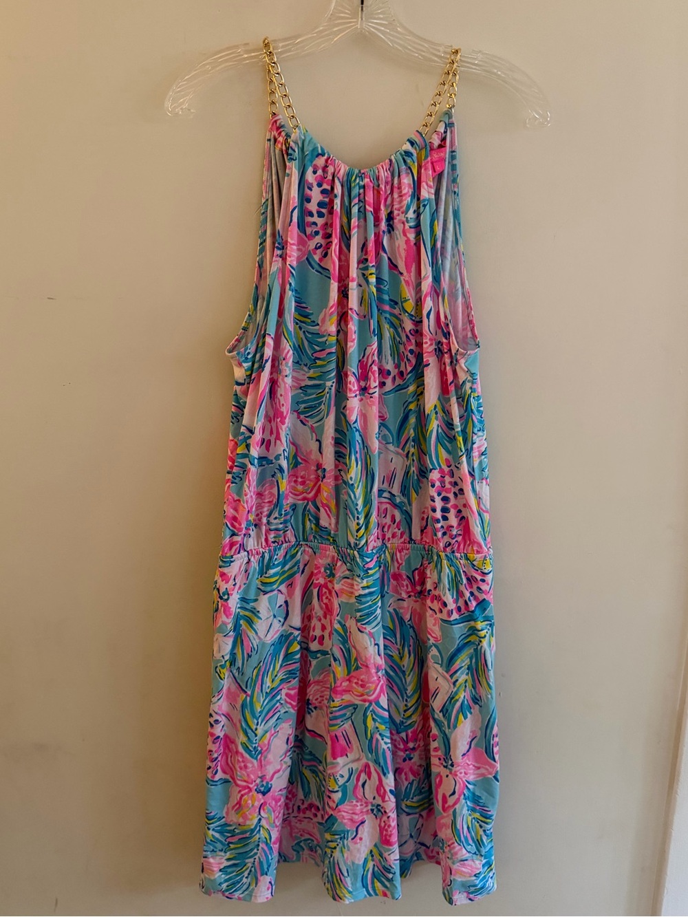 Lilly Pulitzer Blue Floral Chain-Strap Sundress with Pink Accents large